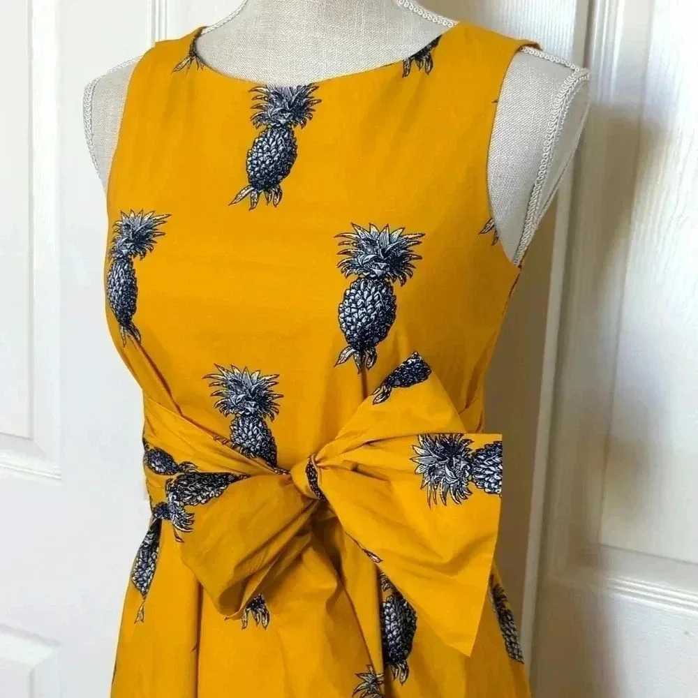 Ann Taylor Yellow Pineapple Print Fit and Flare Midi Dress - Picture 6 of 10